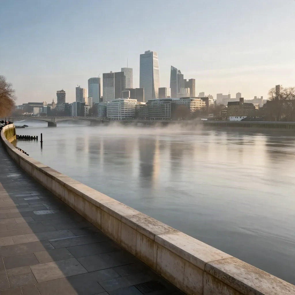 London skyline over the Thames at sunrise with mist and calm water for copy space