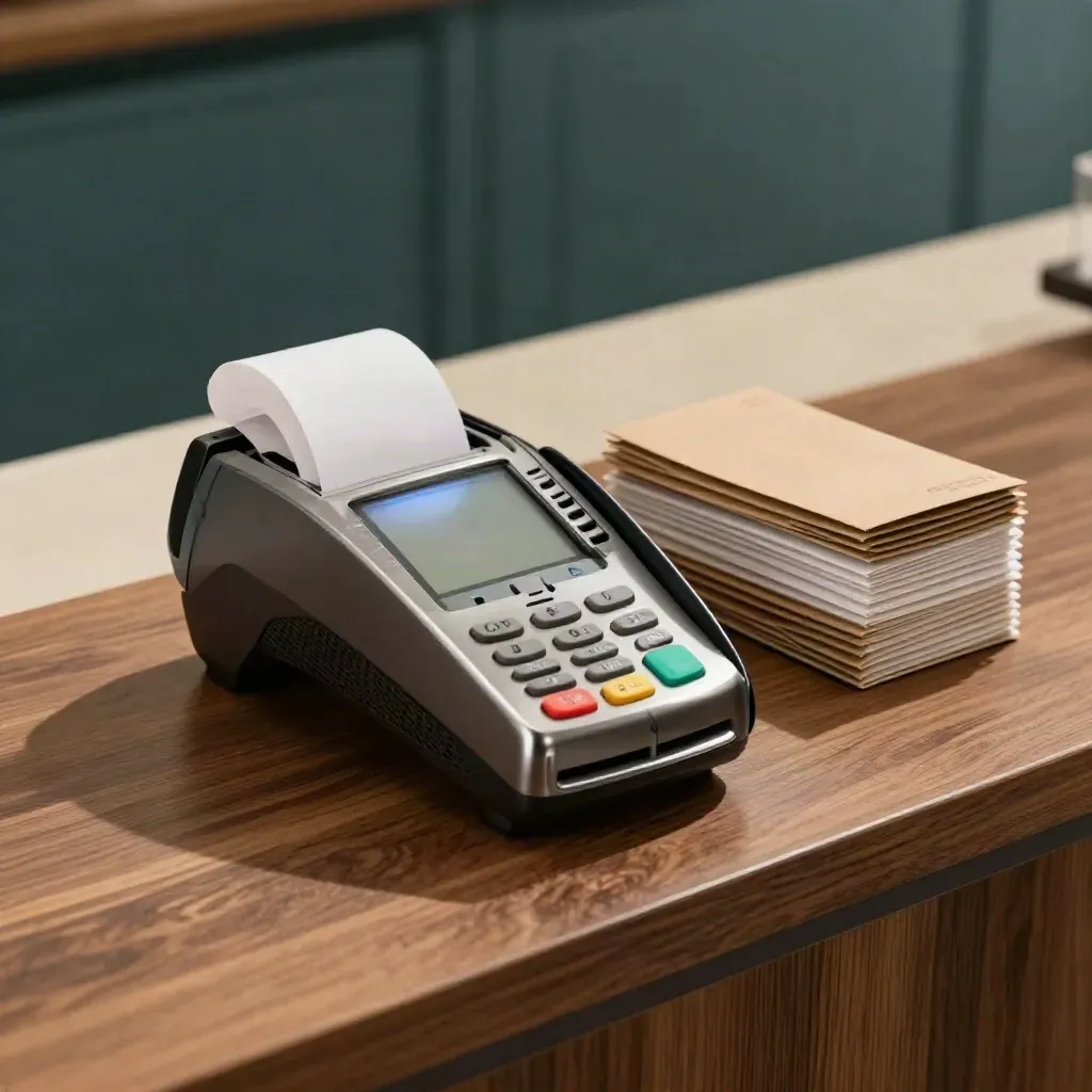 Card terminal beside receipt rolls and retail packaging on a walnut counter