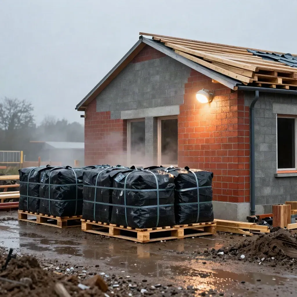 Rain-dark construction plot with masonry packs, scaffold boards, wet brick steam and a roofline at dawn.
