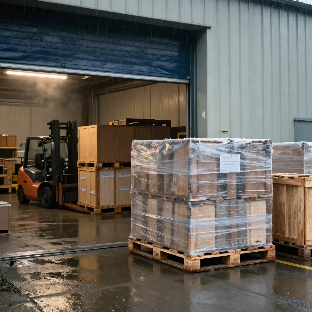 Rainy UK loading bay with wrapped pallets, timber crates and warm light at the shutter