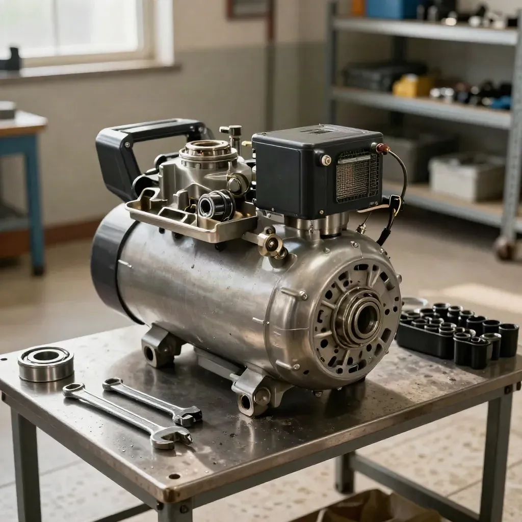 Repaired compressor, fresh bearings and cleaned tools on a workshop bench with soft daylight.