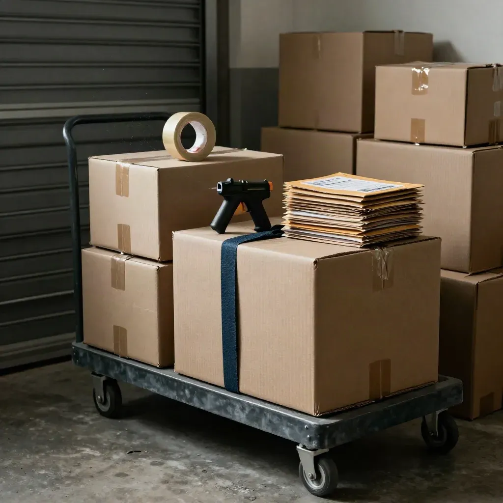Packing station with sealed parcels, kraft tape and boxes on a rolling cart in moody warehouse light.