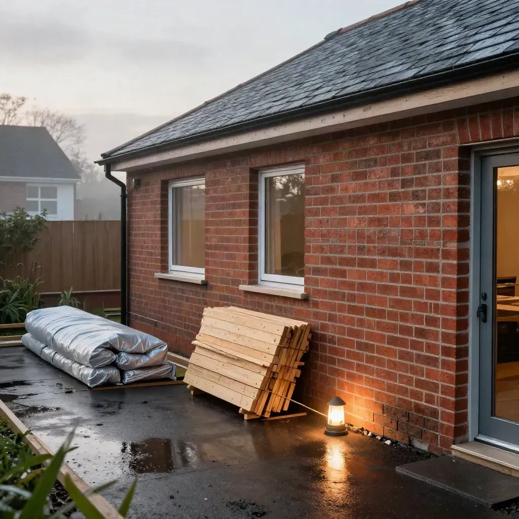 Rain-damp terrace extension with fresh brickwork, timber stacks and a glowing site lamp.