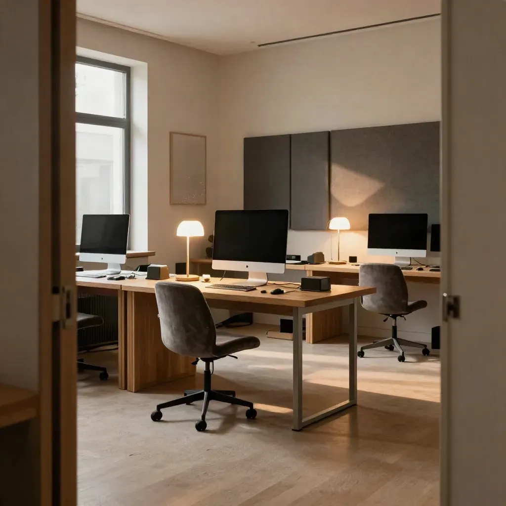 Empty creative studio at dusk with lit desks, dark monitors, tucked chairs and a glowing task lamp.