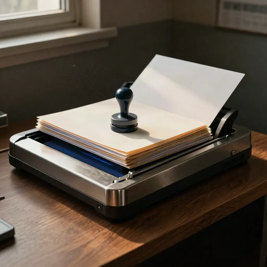 Scanner tray, face-down archive folders and a rubber date stamp in a dim finance records room.