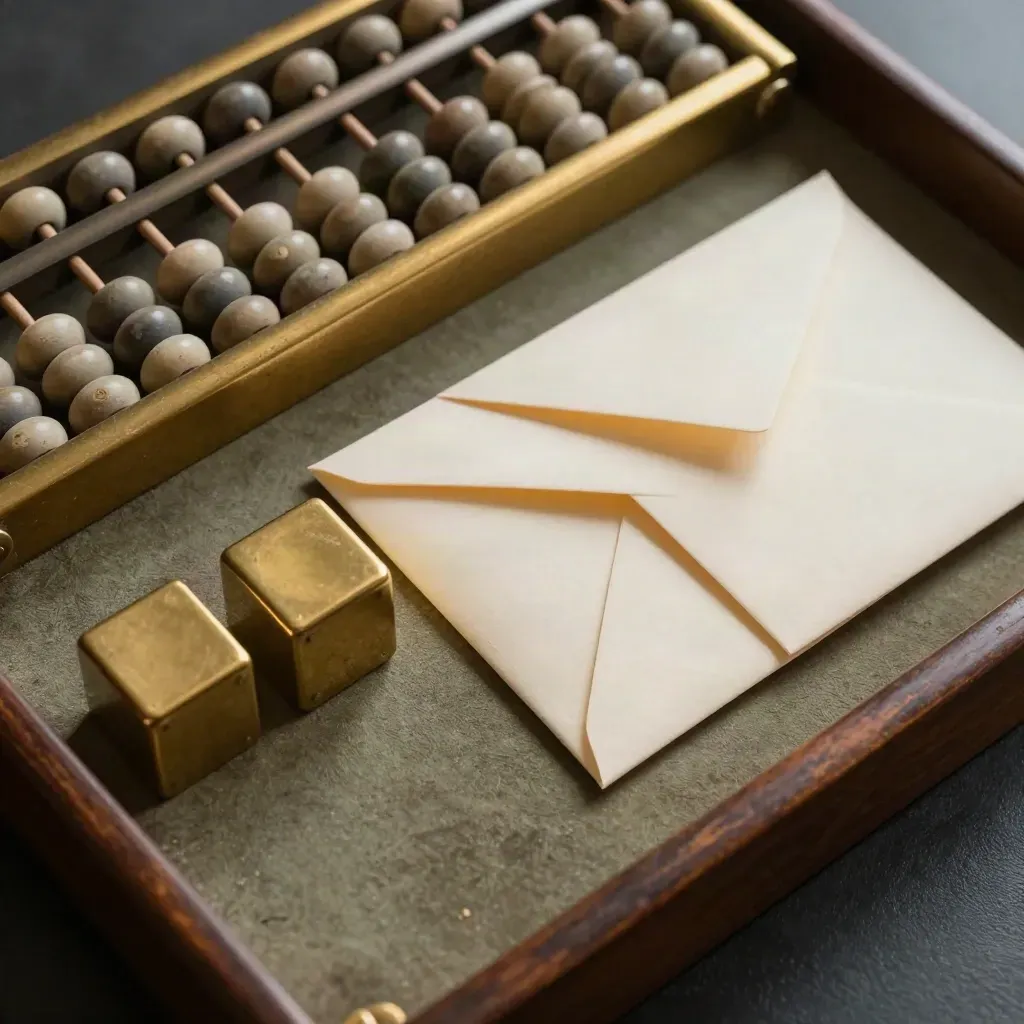 Overhead close-up of an abacus, brass cubes, and folded envelopes on a dark oak surface.