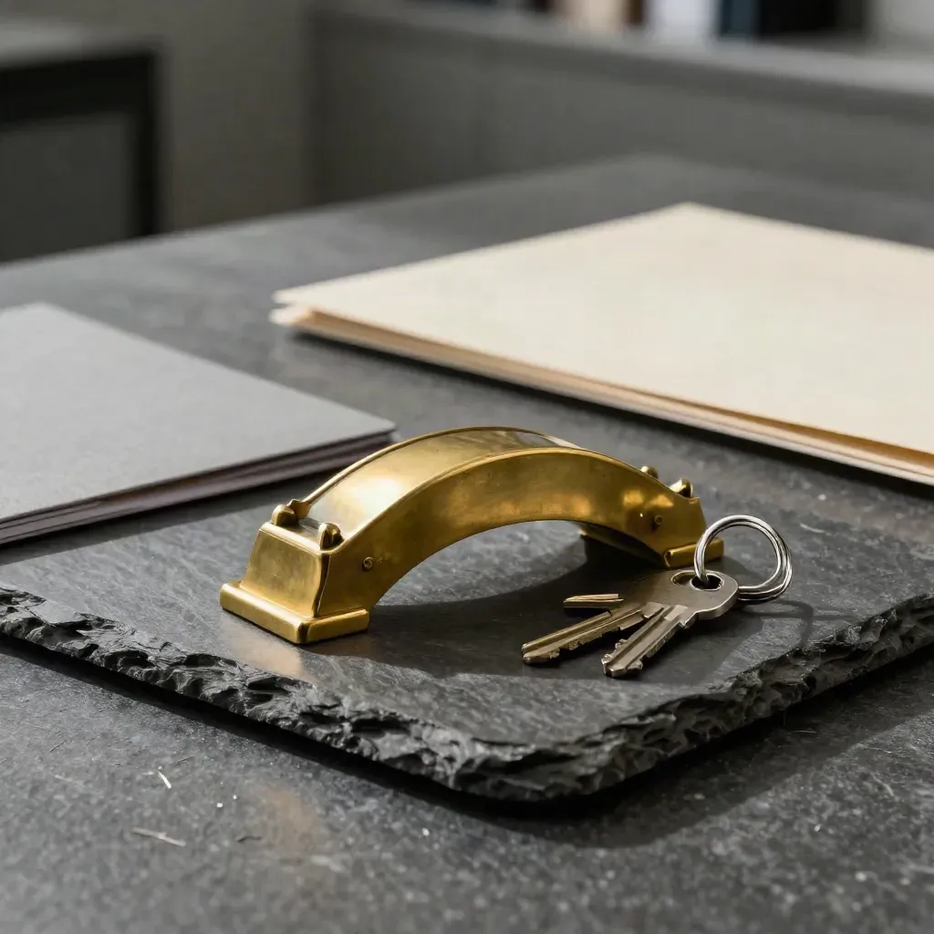 Brass bridge paperweight with keys and folder on a dark stone tray