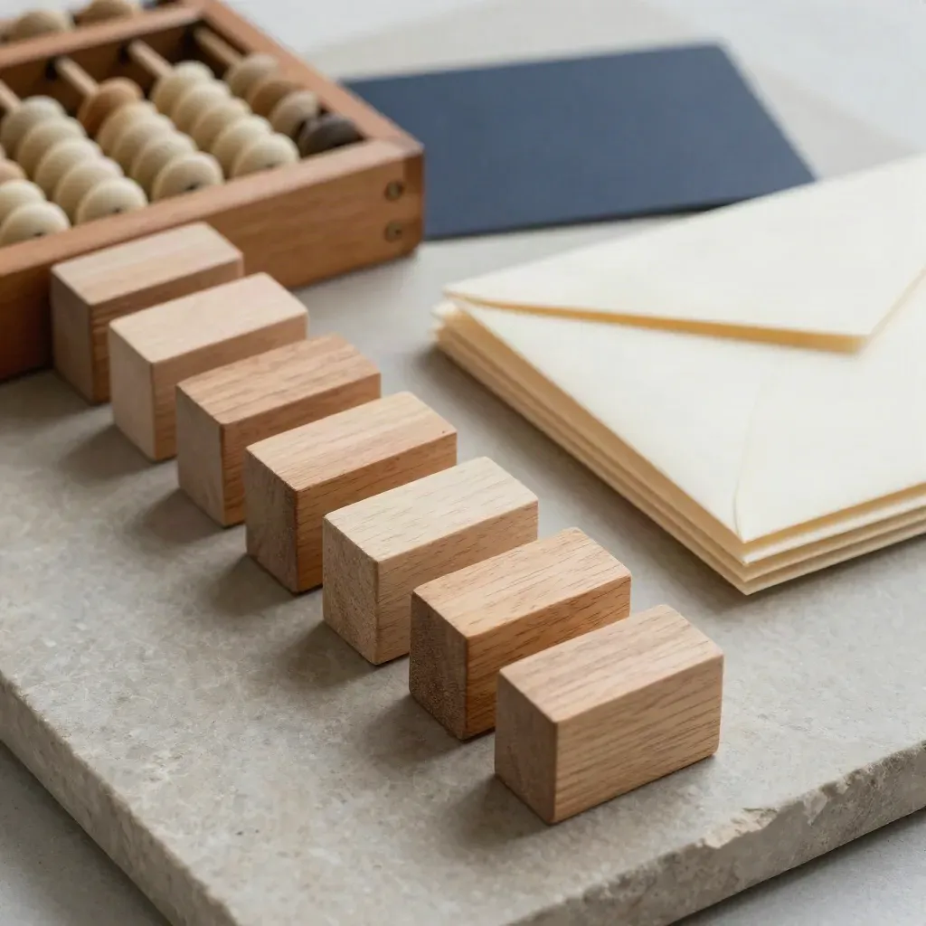 Wooden date blocks, abacus and cream envelopes on a limestone surface