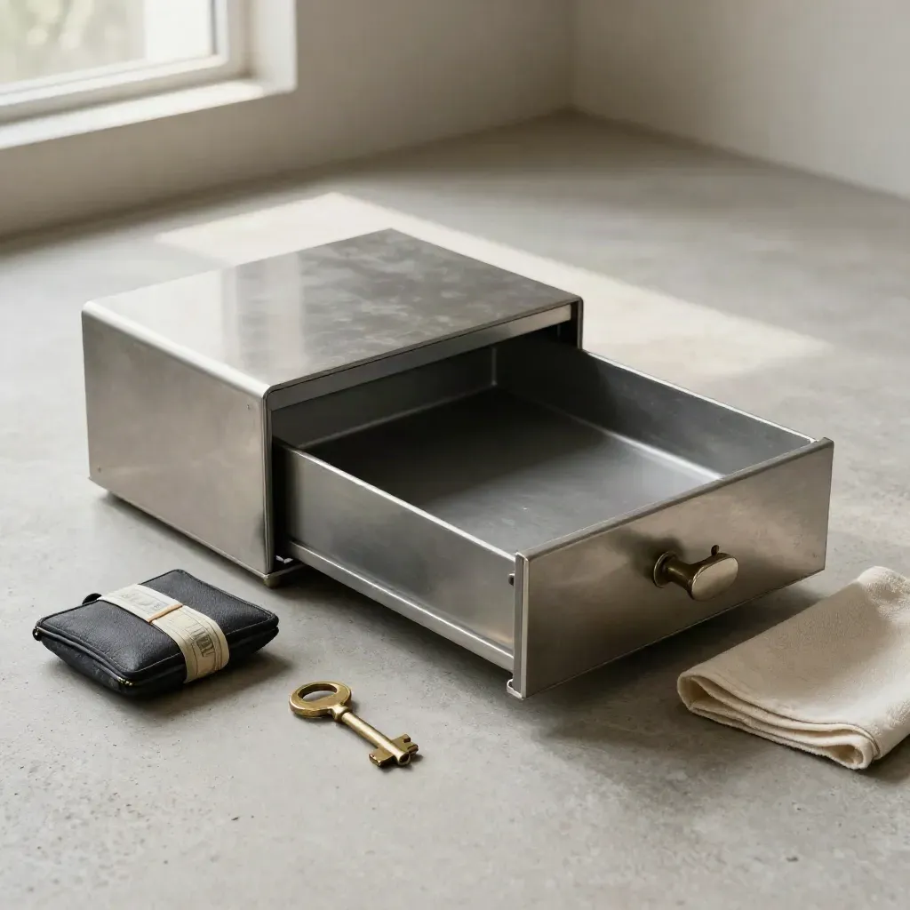 Open cash drawer, security pouch, banknote bands and key on a stone tray with soft daylight.