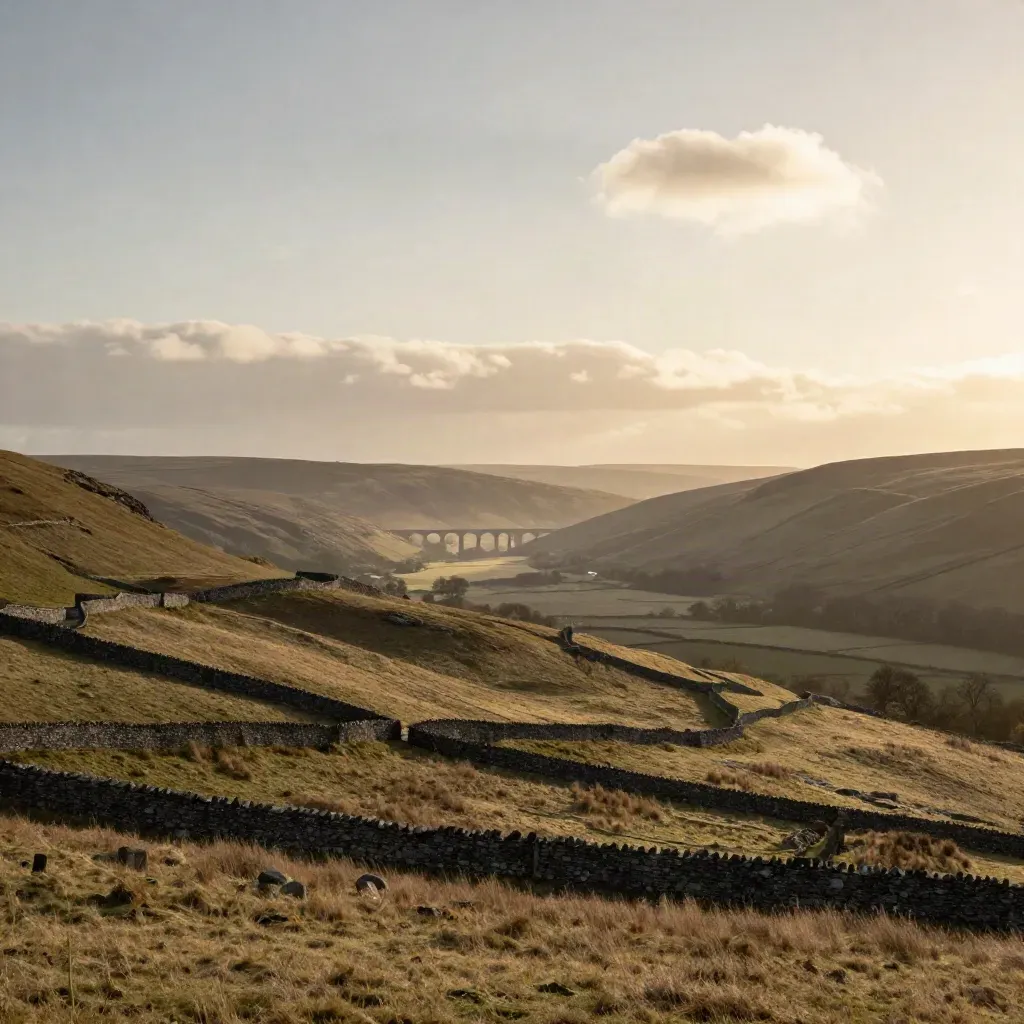 Welsh hills, distant viaduct and stone walls under a glowing late-afternoon sky